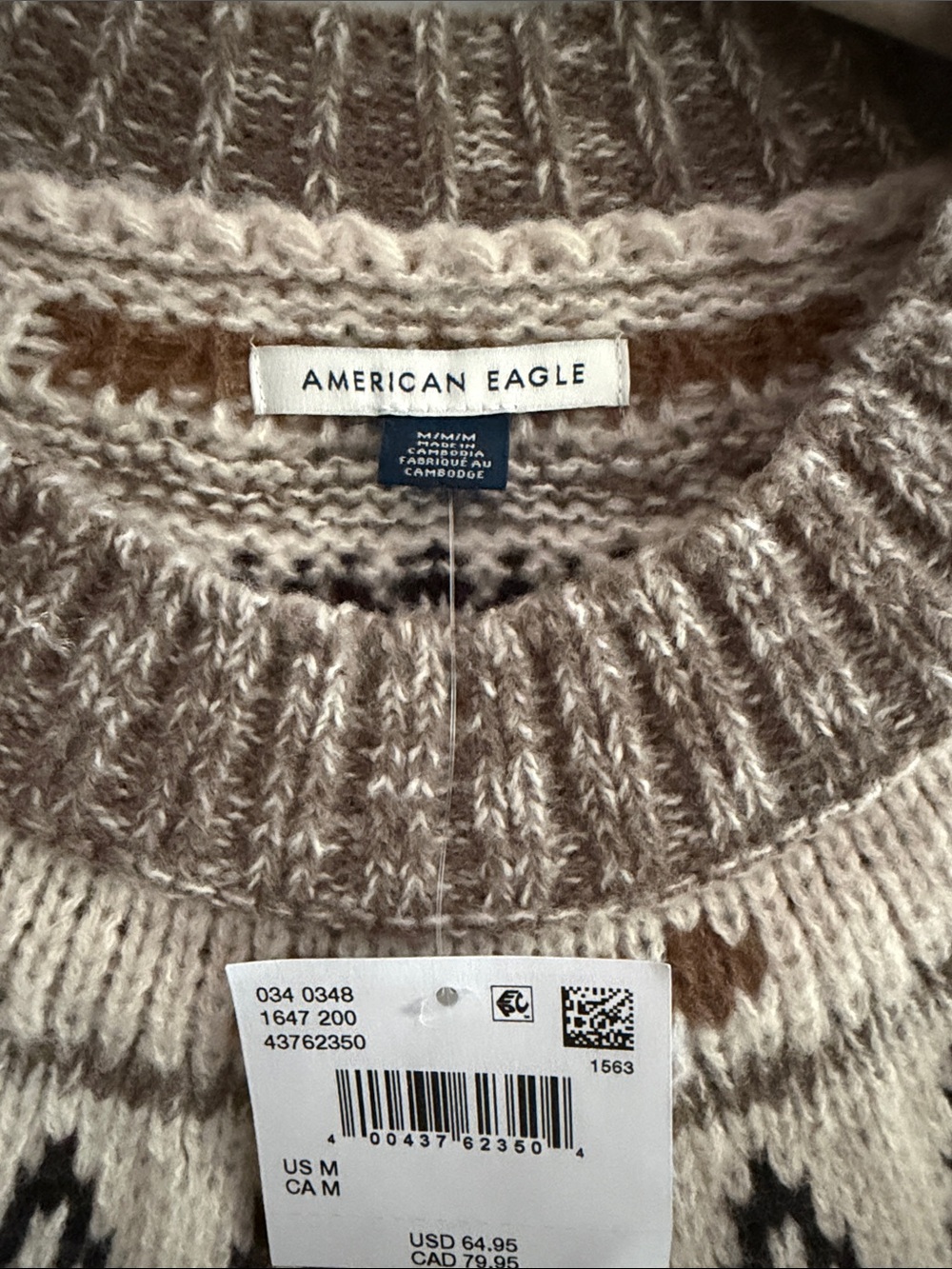 American Eagle Outfitters Cream, Taupe & Black Fair Isle Crew Sweater M - Picture 2 of 7